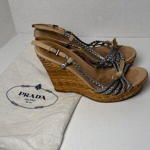 PRADA Woven Wicker Wedge Sandals Metallic Silver Braided Strap 4.5" Heel BOHO 38
